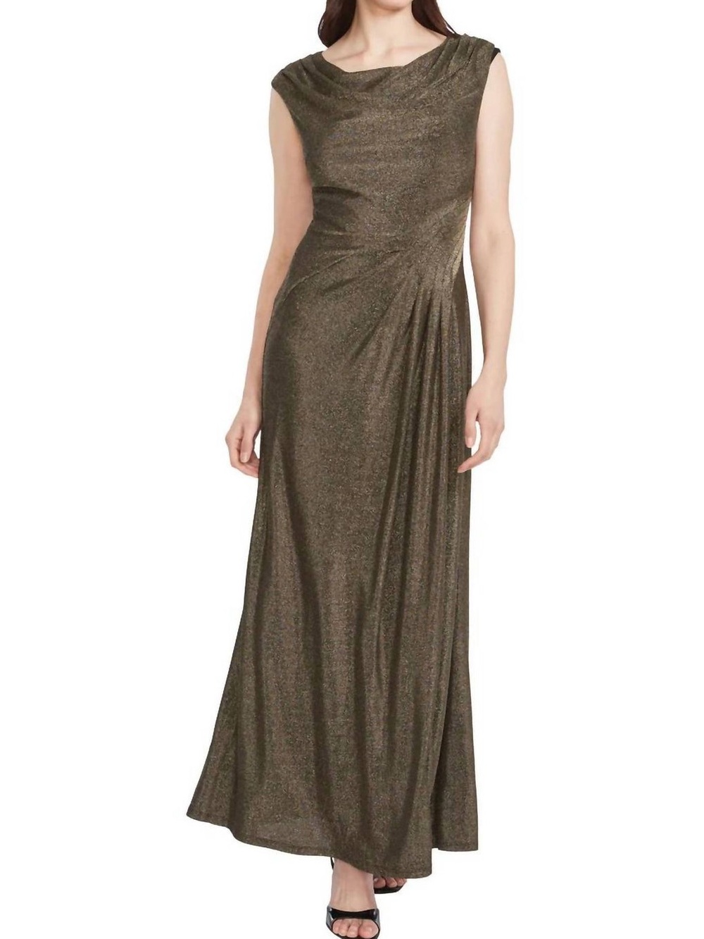 Maggy London Shannan Metallic Knit Cowl Neck Gown, Gold/Black, 6